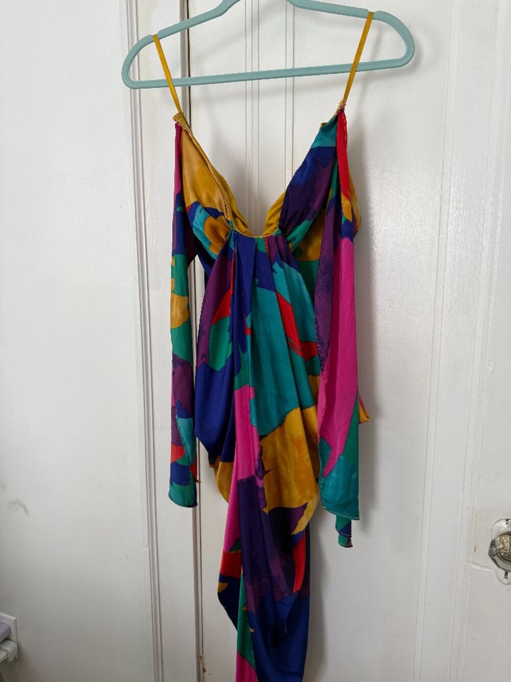 NWT Gabrielle Union x NY&Co Multicolor Abstract Draped Satin High-Low Maxi Dress